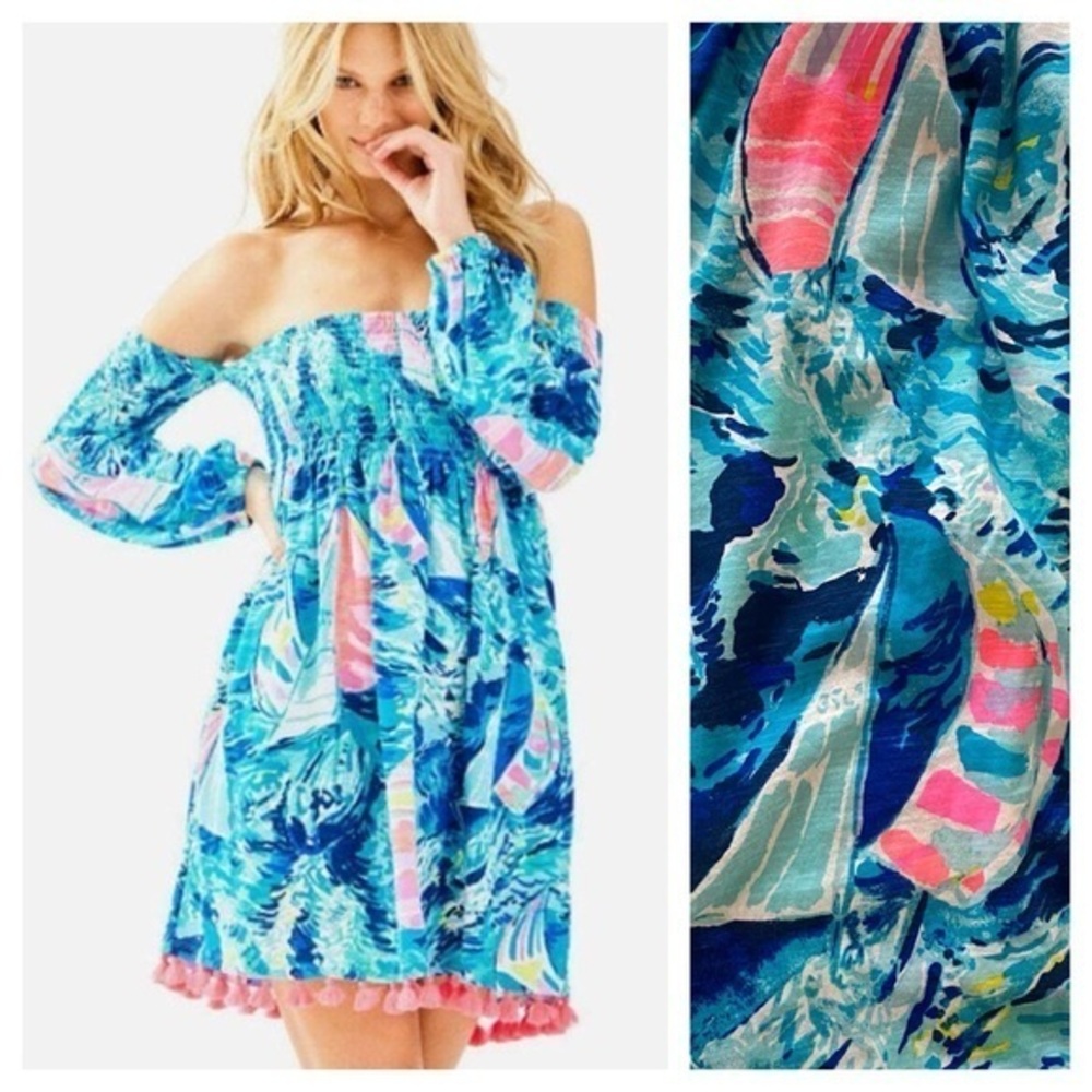 Lilly Pulitzer Sparkling Blue Hey Bay Bay Smocked Tassel Trina Beach Dress Small - Picture 1 of 15